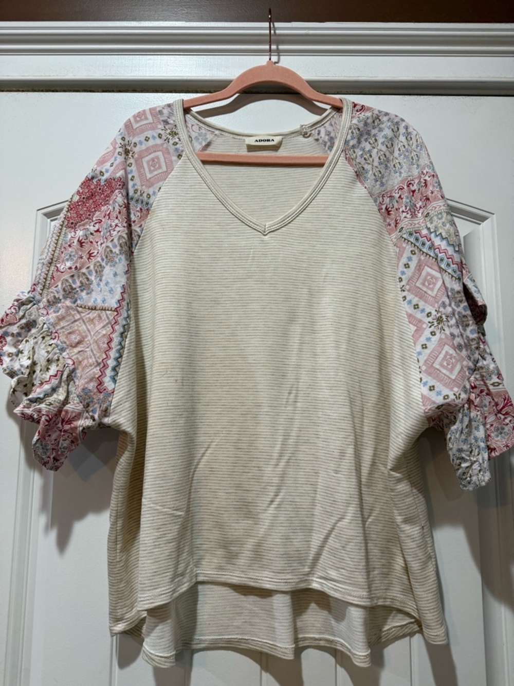 ADORA Cream V-Neck Tunic with Pink Patchwork Balloon Sleeves
